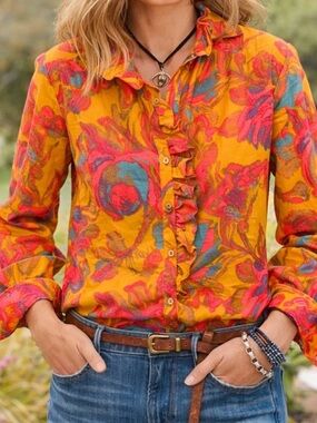 Sundance Mustard Floral Ruffle Button-Front Blouse